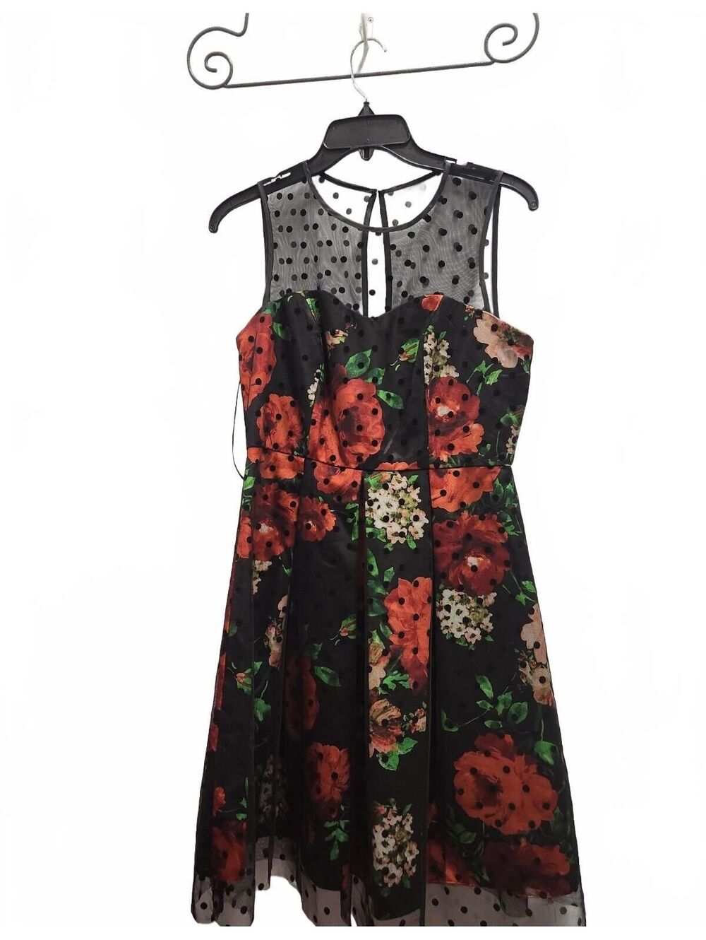 Studio One New York Black Floral Polka Dot Mesh Dress Size 6P